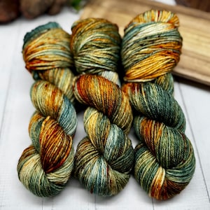 Forest Sunset - Hand Dyed Superwash Merino/Nylon, Sweater Quantities, Fingering, DK, Worsted, Bulky, Fall Colors, Green, Orange, Black