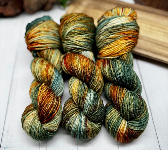 Forest Sunset - Hand Dyed Superwash Merino/Nylon, Sweater Quantities, Fingering, DK, Worsted, Bulky, Fall Colors, Green, Orange, Black
