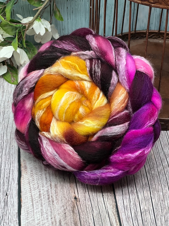 Sunset - Non-Superwash Merino/Bamboo Roving, Fiber for Spinning, Finer for Felting, Hand Dyed Roving, Pink, Magenta, Wine, Yellow, Mustard
