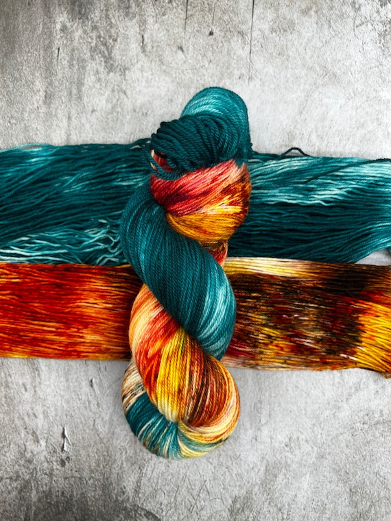 Forest in the Fall - Autumn/Fall Yarn Colors, Teal, Orange, Brown, Hand Dyed, Fingering Sock Yarn, Harvest Yarn, DK, Worsted, Bulky Weight