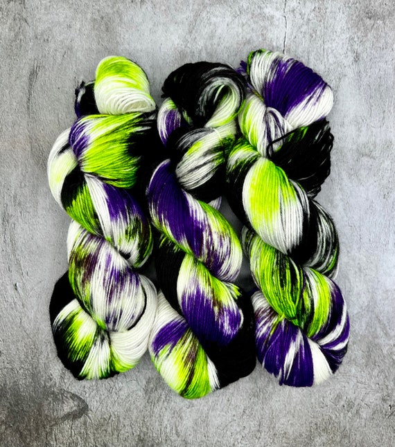 Villains - Hand Dyed 75/25 Merino Nylon Fingering Sock Yarn, Superwash, Hand Painted, Halloween Yarn, Black, Neon Green, Neon Violet