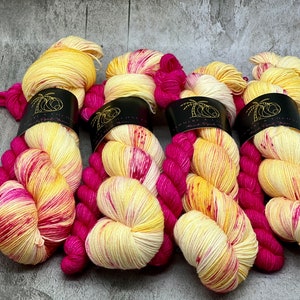 Pink Lemonade - Pink Yarn, Yellow Yarn, Hand Dyed 75/25 Merino/Nylon Fingering Sock Yarn, Sock Sets, Indie Dyed Yarn, Speckle Yarn