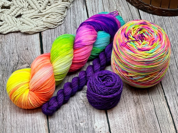 Poseidon’s Prism - Neon Rainbow, Purple, Pink, Blue, Yellow, Orange, Hand Dyed Merino Nylon Fingering Sock Yarn, Superwash, Hand Painted