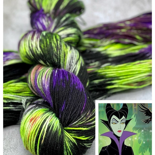 Maleficent - Hand Dyed 75/25 Merino Nylon Fingering Sock Yarn, Superwash, Hand Painted, Halloween Yarn, Black, Neon Green, Neon Violet, Red