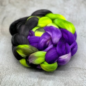 Villains- Neon Green, Purple, Black, Hand Dyed Non-Superwash Merino Wool Roving, Hand Dyed Merino Top, Hand Dyed Wool for Spinning