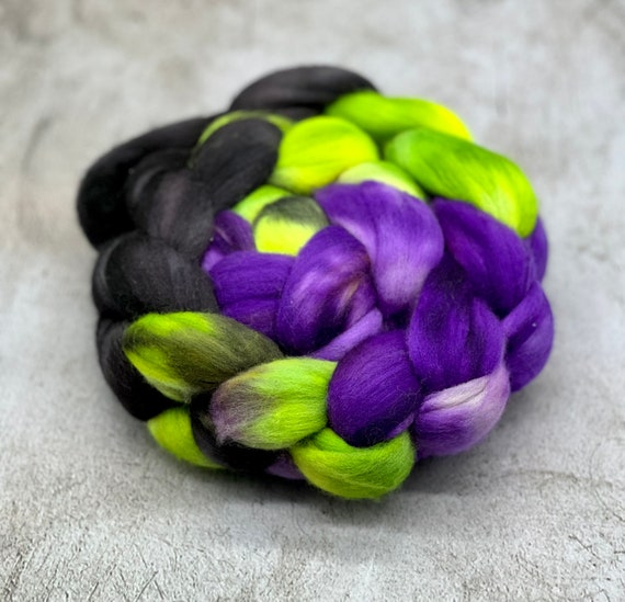 Villains- Neon Green, Purple, Black, Hand Dyed Non-Superwash Merino Wool Roving, Hand Dyed Merino Top, Hand Dyed Wool for Spinning