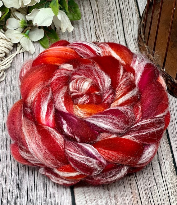Cherry Bounce - Non-Superwash Merino/Bamboo Roving, Fiber for Spinning, Finer for Felting, Hand Dyed Roving
