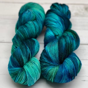 Fathoms Below - Blue, Green, Ocean Colors, Hand Dyed 75/25 Fingering Sock Yarn, Superwash, Hand Painted Merino Nylon