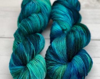 Fathoms Below - Blue, Green, Ocean Colors, Hand Dyed 75/25 Fingering Sock Yarn, Superwash, Hand Painted Merino Nylon