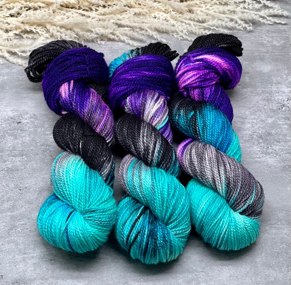 Ethereal Clouds - Teal, Aqua, Purple, Black, Hand Dyed, Fingering Sock Yarn, Hand Painted, Sock, Fingering, DK, Worsted, Bulky Weight, Indie