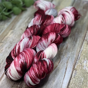 Cherries Jubilee - 75/25 Merino Nylon Fingering Sock Yarn, Superwash, Hand Painted, Red Yarn, Cranberry Yarn, Silver Yarn