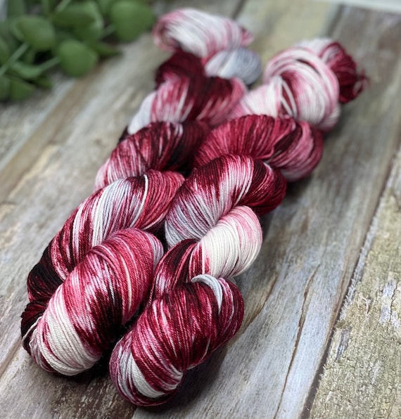 Cherries Jubilee - 75/25 Merino Nylon Fingering Sock Yarn, Superwash, Hand Painted, Red Yarn, Cranberry Yarn, Silver Yarn