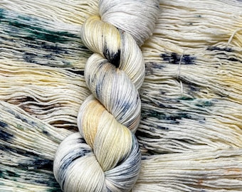 Wandering Flower Bog - MCN, Merino, Cashmere, Nylon, Fingering Sock Yarn, Ivory, Yellow, Navy, Blue, Green, Forest Green