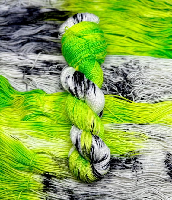 The Walls Will Ooze Green Slime - Neon Green, Black, White Merino Nylon Yarn, Superwash, Merino Cashmere, Fingering, Hand Dyed, Indie Dyed