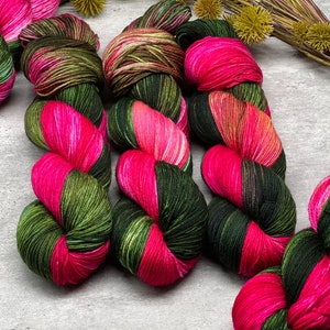 Wild Peony - Brilliant Pink, Deep Pink, Deep Green, Superwash Merino Nylon Fingering, DK, Worsted, Bulky, Spring Yarn, Summer Colors, Floral