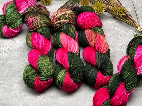 Wild Peony - Brilliant Pink, Deep Pink, Deep Green, Superwash Merino Nylon Fingering, DK, Worsted, Bulky, Spring Yarn, Summer Colors, Floral