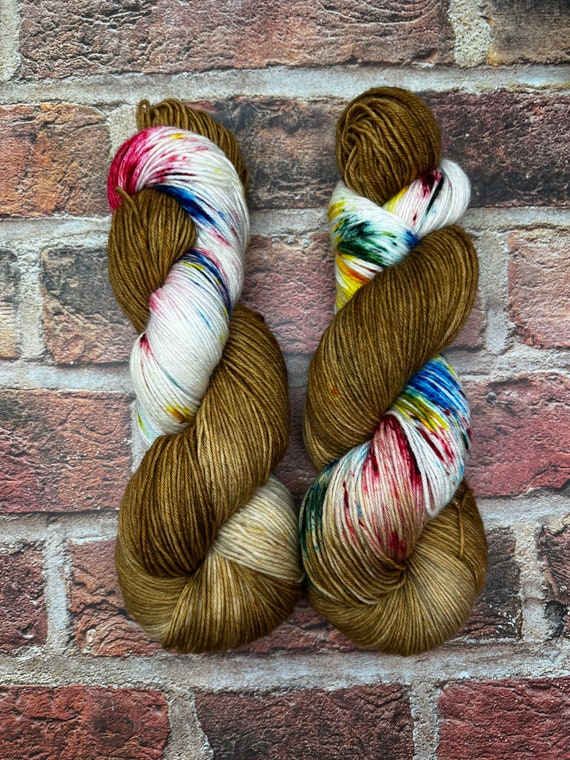 Christmas Cookies - Brown, Blue, Yellow, White Hand Dyed 75/25 Fingering Sock Yarn, Superwash, Hand Painted Merino Nylon, Speckled Yarn
