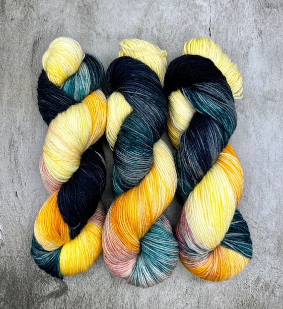 Sunscape  - Hand Dyed 75/25 Merino Nylon, Hand Painted Yarn, Sunset Colors, Blue, Green, Yellow, Pink Yarn, Indie Dyed Yarn
