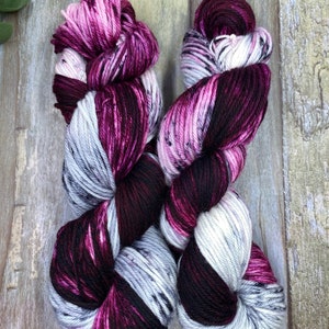 Plum Crazy - Burgundy, Plum, Black, Hand Dyed 85/15 Superwash Merino/Nylon Worsted, Sweater Quantity, Blanket Weight Yarn, Gift for Her