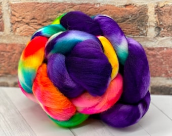 Rainbow Bright - Hand Dyed Non-Superwash Merino Wool Roving, Hand Dyed Merino Top, Hand Dyed Wool for Spinning, Fiber for Spinning, Felting