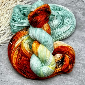 Beach Bum - Autumn Yarn, Hand Dyed, Fingering Sock Yarn, Hand Painted, Summer Seafoam Green, Orange, Black, DK, Worsted, Bulky, Superwash