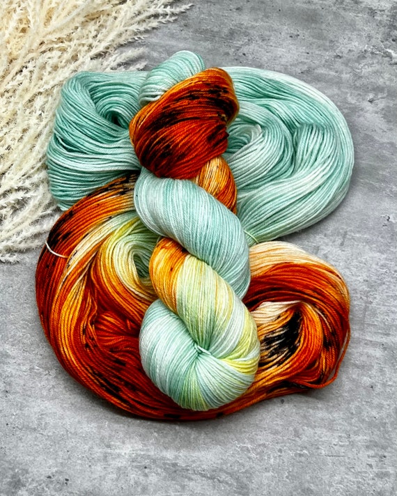 Beach Bum - Autumn Yarn, Hand Dyed, Fingering Sock Yarn, Hand Painted, Summer Seafoam Green, Orange, Black, DK, Worsted, Bulky, Superwash