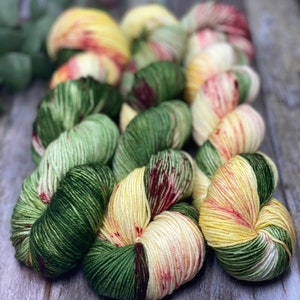 Tis the Season - Yellow, Green, Red, Hand Dyed 75/25 Merino Nylon Fingering Sock Yarn, Superwash, Hand Painted, Holiday Yarn, Christmas