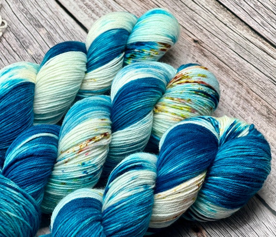 Curse of Calypso - Deep Blue, Marine Blue, Yellow, Green,  Indigo, Superwash Merino Nylon Fingering, DK, Worsted, Bulky, Hand Dyed Yarn