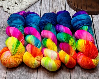 Polly Want A Cracker? - Hand Dyed, Fingering Sock Yarn, Superwash, Hand Painted, DK, Worsted, Rainbow Yarn, Planned Pooling, Neon Yarn