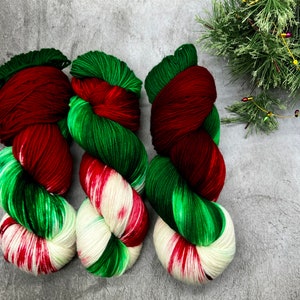 Candy Ribbons - Red, Green, White Merino Nylon Yarn, Superwash, Merino Cashmere, Fingering, DK, Worsted, Hand Dyed, Christmas Yarn, Holiday