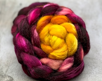 Sunset - Blue Faced Leicester Tussah Silk Roving, Shaniko, Polwarth, Merino, Corriedale, Cormo, Fiber Spinning, Felting, Hand Dyed Roving