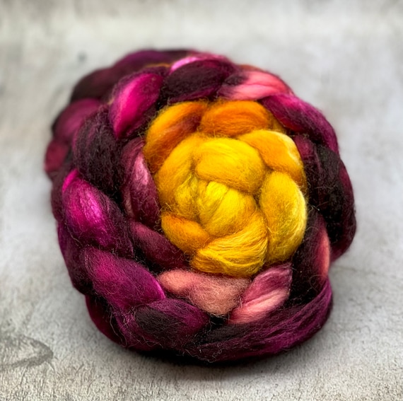 Sunset - Blue Faced Leicester, Tussah Silk Roving, Fiber for Spinning, Finer for Felting, Hand Dyed Roving
