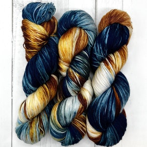 Dragonfly In Amber - Blue, Gold, Yellow, White Merino Nylon Yarn, Superwash, Merino Cashmere, Fingering, Hand Dyed, Sock Yarn, Indie Dyed