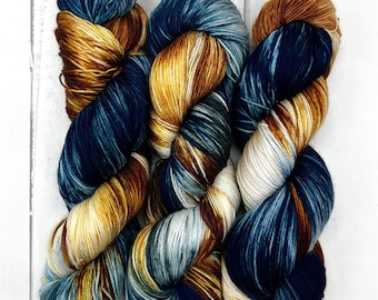 Dragonfly In Amber - Blue, Gold, Yellow, White Merino Nylon Yarn, Superwash, Merino Cashmere, Fingering, Hand Dyed, Sock Yarn, Indie Dyed