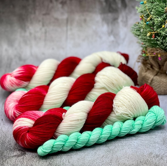 Peppermint Stick - Red, White Merino Nylon Yarn, Superwash, Merino Cashmere, Fingering, DK, Worsted, Hand Dyed, Christmas Yarn, Holiday