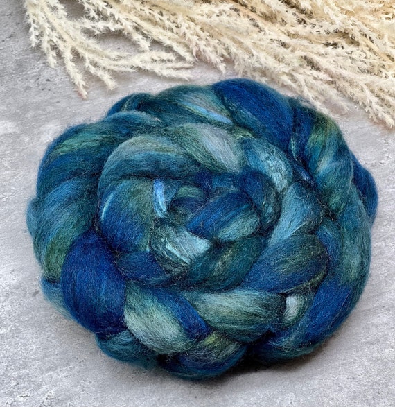Ocean Deep - Oatmeal Blue Faced Leicester Roving, Tussah Silk, Fiber for Spinning, Finer for Felting, Hand Dyed Roving