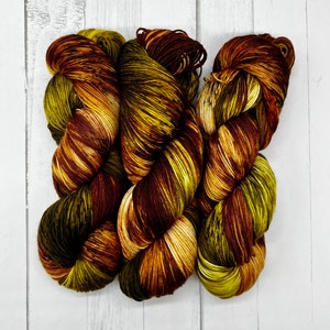 Drums of Autumn - Caramel, Brown, Green Hand Dyed 75/25 Fingering Sock Yarn, Superwash, Hand Painted Merino Nylon, Outlander Yarn