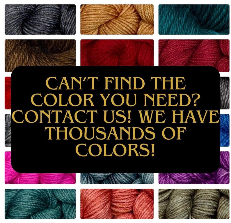 K&ouml;nnte beinhalten: Eine Collage von Garnkn&auml;ueln in verschiedenen Farben, darunter T&uuml;rkis, Rot und Gold. Ein schwarzes Rechteck in der Mitte zeigt den Text "CAN'T FIND THE COLOR YOU NEED? CONTACT US! WE HAVE THOUSANDS OF COLORS!"