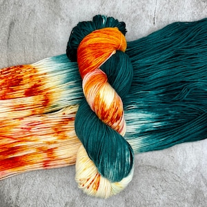 Kingfisher - Teal Green, Peach, Blush Pink, Golden Yellow, Hand Dyed 75/25 Fingering Sock Yarn, Superwash, Hand Painted Merino Nylon