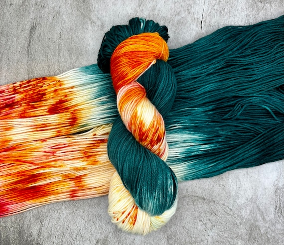 Kingfisher - Teal Green, Peach, Blush Pink, Golden Yellow, Hand Dyed 75/25 Fingering Sock Yarn, Superwash, Hand Painted Merino Nylon