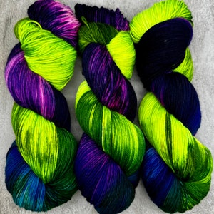 Wicked - Neon Green, Neon Purple, Neon Pink, Blue Hand Dyed Yarn, Superwash Merino Nylon, Fingering, DK Worsted, Aran, Bulky, Sock Yarn