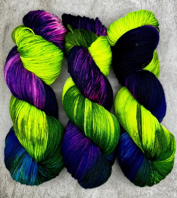 Wicked - Neon Green, Neon Purple, Neon Pink, Blue Hand Dyed Yarn, Superwash Merino Nylon, Fingering, DK Worsted, Aran, Bulky, Sock Yarn