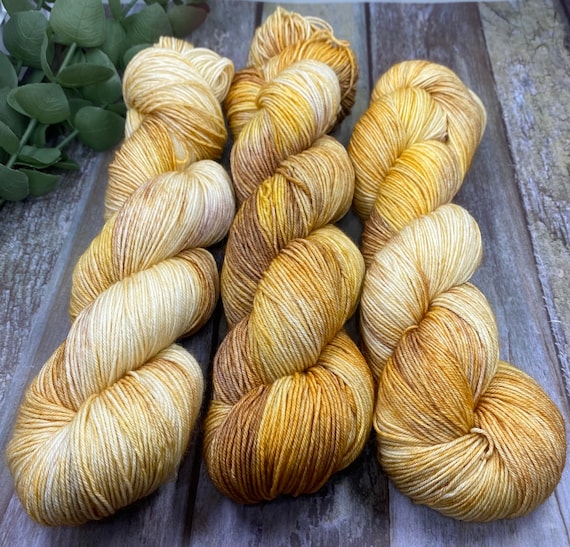 Firelight - Hand Dyed 75/25 Merino Nylon Fingering Sock Yarn, Superwash, Hand Dyed Yarn, Yellow, Mustard Yellow, Golden Yellow, Brown