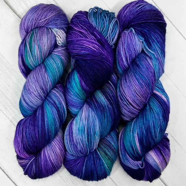 Under the Sea - Purple, Violet, Teal, Hand Dyed 75/25 Merino Nylon Fingering Sock Yarn, Superwash, Hand Painted Variegated Yarn