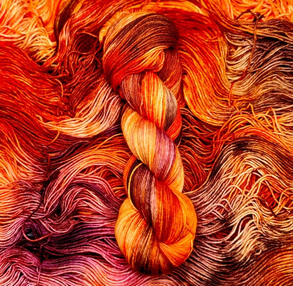 Autumn Harvest - Orange, Burgundy, Brown, Plum, Fall Colors, Pumpkin Colors, Tabby, Calico, Hand Dyed 85/15 Superwash Merino Nylon Worsted
