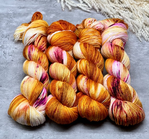 Forbidden Fruit - Pink, Magenta, Yellow, Gold, Merino Nylon Yarn, Superwash Merino Fingering, DK, Worsted, Bulky, Variegated Yarn, Hand Dyed