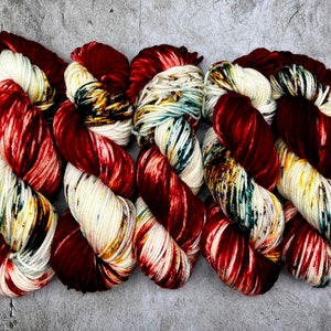 Yuletide - Red, Brown, Gold, Teal Hand Dyed Superwash Merino/Nylon Worsted, Sweater Quantity, Blanket Weight Yarn, Gift for Her