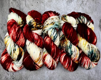Yuletide - Red, Brown, Gold, Teal Hand Dyed Superwash Merino/Nylon Worsted, Sweater Quantity, Blanket Weight Yarn, Gift for Her