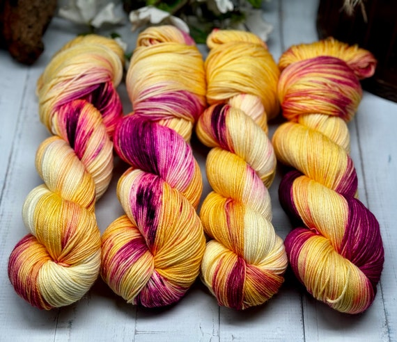 Wedding Day - Pink, Yellow, Hand Dyed 75/25 Merino Nylon Fingering Sock Yarn, Superwash, Hand Painted