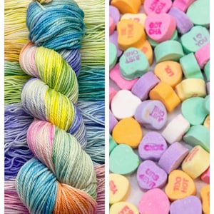 Candy Hearts - Pastel Purple, Neon Pink, Aqua, Nylon Yarn, Superwash Merino Fingering, DK, Worsted, Bulky, Valentines Day